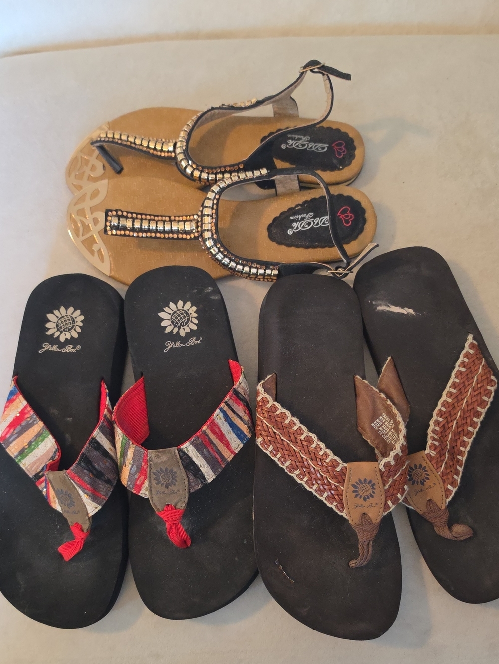 YELLOW BOX 2 PR. SZ 8.5  Multi Color & Camel Weave, EUC 1 PR. Bonus Sz 8 Sandals